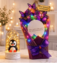 Kişiye Özel Renkli LED Işıklı Aynalı Mor Kelebek Buketi ve LED Işıklı Fanus (sevimli penguen biblolu)