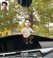Kişiye Özel Karikatürlü Ahşap Araba Dikiz Ayna Süsü Saz Çalan Erkek-1