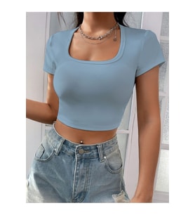Kadın Kare & Havuz Yaka Crop T-shirt ,Likralı Fitilli Kaşkorse Kumaş