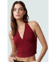 Vücuda Oturan Boyundan Bağlamalı Crop Bluz Polyester Elastan Sandy Dokuma Yüksek Kalite