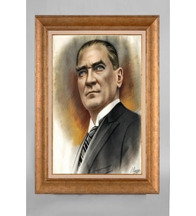 Altın Varaklı Çerçeveli Paspartulu Atatürk Tablo a679 (Gold)