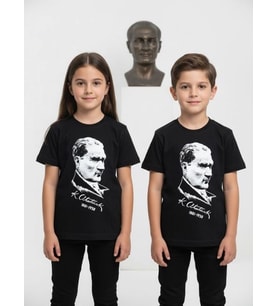 Çocuk Atatürk Baskılı Yarım Kollu T-shirt (Siyah)