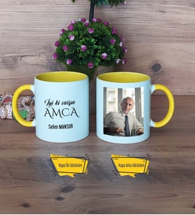Amcaya Hediye Kupa Bardak Sarı Fotoğraflı Amcaya Doğum Günü Hediyesi