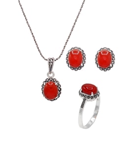 Akik ve Markazit Taşlı 925 Ayar Gümüş Üçlü Set 201021935