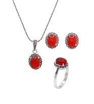 Akik ve Markazit Taşlı 925 Ayar Gümüş Üçlü Set 201021935