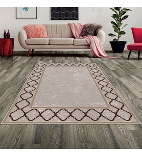 Geometrik Karo Çerçeveli Dijital Baskı Yıkanabilir Kaymaz Taban Modern Salon Halısı ve Yolluk (Açık Kahverengi)