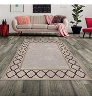 Geometrik Karo Çerçeveli Dijital Baskı Yıkanabilir Kaymaz Taban Modern Salon Halısı ve Yolluk (Açık Kahverengi)