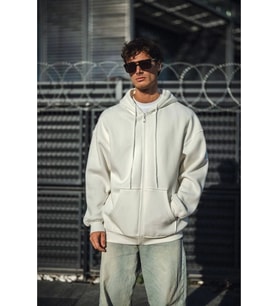 Oversize Tam Fermuarlı Uzun Kol Hırka - Beyaz