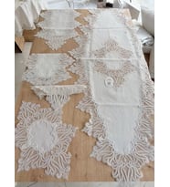 Salon Takımı Çeyizlik Krem Runner Set 5 Parça Keten Ranır Masa Konsol Sehpa Örtüsü Gülseda