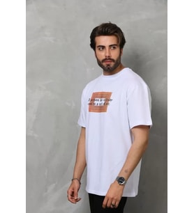 pilelistore- Unisex Bisiklet Yaka Baskılı Oversize T-Shirt - Beyaz