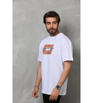 pilelistore- Unisex Bisiklet Yaka Baskılı Oversize T-Shirt - Beyaz
