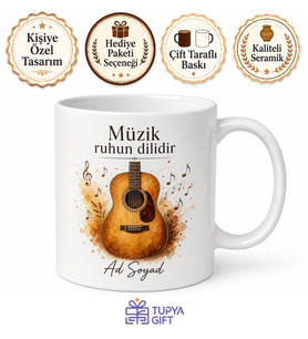 Akustik Gitar Temalı Baskılı Kupa Bardak Müzisyen Hediye Porselen Mug