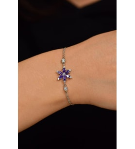 Ametist Taşlı Rodyum Lotus Çiçeği Gümüş Bileklik