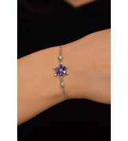 Ametist Taşlı Rodyum Lotus Çiçeği Gümüş Bileklik