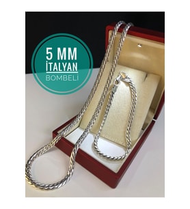 5mm İtalyan Bombeli Zincir Set 925 Gümüş • Işıklı Kutuda • Sevgiliye • Eşe • Babaya • Bileklik Kolye