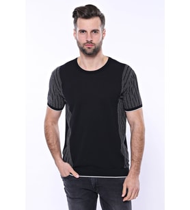 Bisiklet Yaka Kenarları Desenli Siyah Örme T-shirt  Wessi
