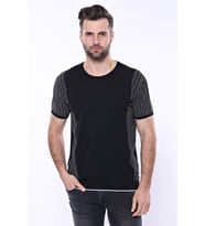Bisiklet Yaka Kenarları Desenli Siyah Örme T-shirt  Wessi