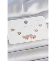 Pirinç Gold Renk Pembe Zirkon Taşlı Kalp Model 925 Ayar Gümüş Çivi Kadın Küpe Seti (Altın)