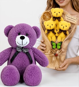 Kişiye Özel Peluş Ayıcık Buketi ve 50 cm Büyük Boy Mor Peluş Ayıcık Hediye Seti