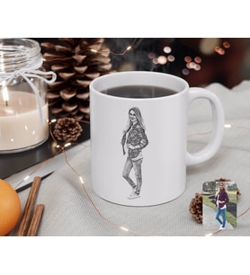 BK Gift Kişiye Özel Tam Boy Karakalem Hamile Kadın Karikatürlü Beyaz Kupa Bardak-1