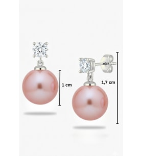 925 Ayar Gümüş Işıltılı Pembe İnci Taşlı Vidalı Küpe – 10 mm Pembe İnci & 4 mm Tektaş Detaylı Küpe