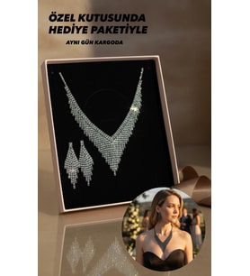 Özel Kutusunda Hediye Paketiyle Dilruba  Gümüş Kaplama Siyah Taşlı Takı Seti Kolye Küpe Hediye Set Düğün Nişan Söz Nikah Takı Seti (Gümüş-Siyah)