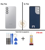 Samsung Galaxy S26 Gümüş Renk Lensli Arka Kapak + Tamir Seti + B7000 Yapıştırıcı Arka Cam Batarya Kapağı Pil Kapağı Lazer Kesim Back Cover Galaxy S26 Uyumlu