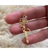 Glorria Kişiye Özel İsimli Doğum Çiçeği ve Doğum Taşlı Gümüş Kolye (Çok Renkli)