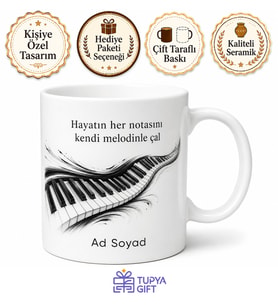 Piyano Tuşları Siyah Beyaz Çizimli Hayatın Ritimlerini Çalan Kupa Bardak Hediye