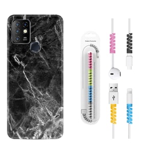 INFINIX Hot 8 9 10 11S Hot 10 Play 10T Kılıf Kablo Koruma Spiral Silikon Kara Mermer 1375
