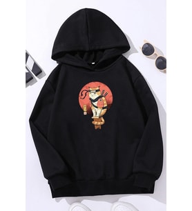 Çocuk Shinobi Kedi Baskılı Sweatshirt (Siyah)