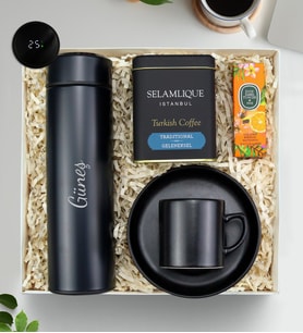 Kişiye Özel 500ml Siyah Renk Dereceli Termos & Siyah Seramik Fincan & Eyüp Sabri Tuncer Mini Kolonya & Selamlıque Türk Kahvesi Hediye Seti