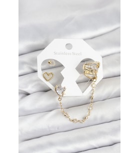 Pirinç Gold Renk Kalp Model Zincir Bağlantılı Ear Cuff Küpe Seti - TJ-BKP11541