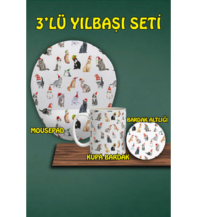 Yılbaşı Temalı 3'lü Mousepad Kupa ve Bardak Altlığı Seti