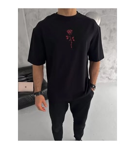 Unisex Bisiklet Yaka Baskılı Oversize T-Shirt - Siyah