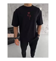 Unisex Bisiklet Yaka Baskılı Oversize T-Shirt - Siyah