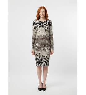 Kadın Zebra Desenli Viskoz Uzun Kollu Slim Fit Elbise