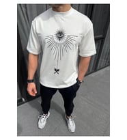 Unisex Bisiklet Yaka Baskılı Oversize T-Shirt - Beyaz