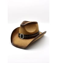 Deri Şeritli Rhinestone Hasır Şapka Premium Classic Western Festival Beach Rave Hat (Siyah)