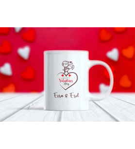 Kişiye Özel İsimli "Happy Valentines Day" Yazılı Kalp Çerçeveli Kupa Bardak (Beyaz)