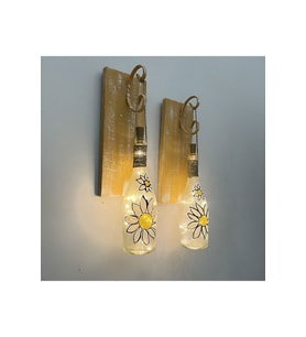 Peri Led Işıklı Sarı Ahşap Renkli Vitray Cam Salon Bar Bahçe Dekoru Şampanya Şişesi Aplik 2'li Set (Çok Renkli)
