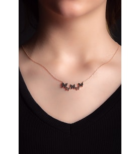 Siyah Zirkon Taşlı Rose Altın Kaplama Kelebekli Gümüş Kolye 925 Ayar                