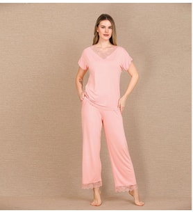 Giyim Viskon Şık Tasarım Dantel İşlemeli Açık Pembe Kısa Kol Pijama Takımı