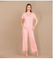 Giyim Viskon Şık Tasarım Dantel İşlemeli Açık Pembe Kısa Kol Pijama Takımı