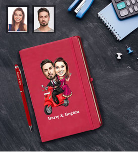 Kişiye Özel Vespa Motorcu Sevgili Karikatürlü Kırmızı Defter Kalem Hediye Seti  Mod-3