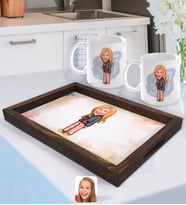 BK Gift Kişiye Özel Kadın Karikatürlü Doğal Ahşap Tepsi ve 2’li Kupa Bardak Seti-100