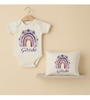 Pia Baby Premium %100 Pamuk İsme Özel Organik Baskılı Çıtçıtlı Bebek Body Ve Yastık Kılıfı 5062-19 (Ekru)