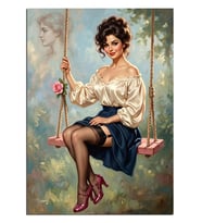 Salıncakta Oturan Retro Pinup Kız Dekoratif Kanvas - Mdf Ahşap Tablo