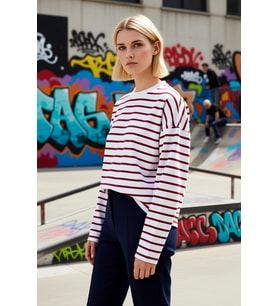Kadın Bisiklet Yaka Düşük Kol Çizgili Örme Geniş Kesim Sweatshirt Fonksiyonel Dayanıklı Şık