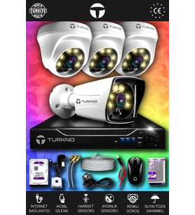 TURKNO 4 Kameralı Karie 3 İç Kamera Set 320 GB HDD Full HD Renkli Gece Görüşlü Güvenlik Kamerası Sistemi